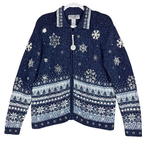 Heirloom Collection Vintage Beaded Snowflake Sweater Jacket Blue Women’s Large - Picture 1 of 15